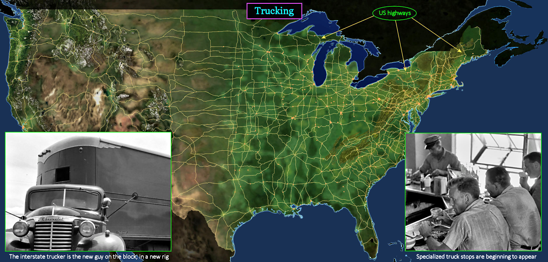 Trucking, US highways, 1930s map